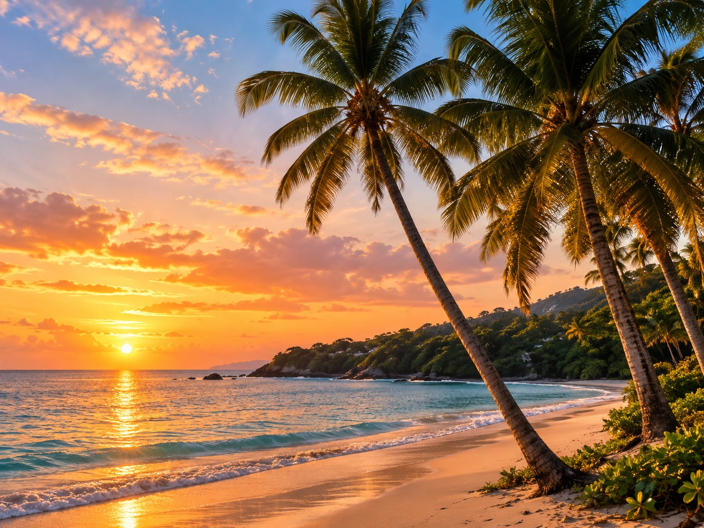 Tropical beach in the U.S. Virgin Islands at sunset with palm trees and calm Caribbean water.