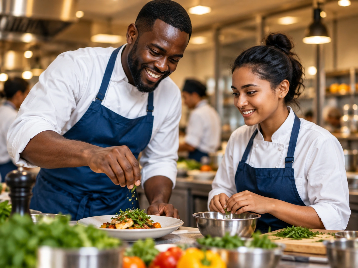 Culinary mentor guiding a young learner in a professional kitchen training environment.
