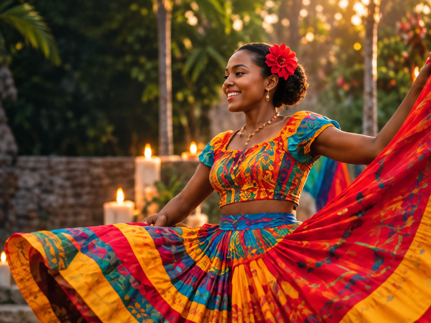 Woman in a vibrant Caribbean folkloric dress dancing outdoors at sunset in a tropical setting with palm trees and candlelight.